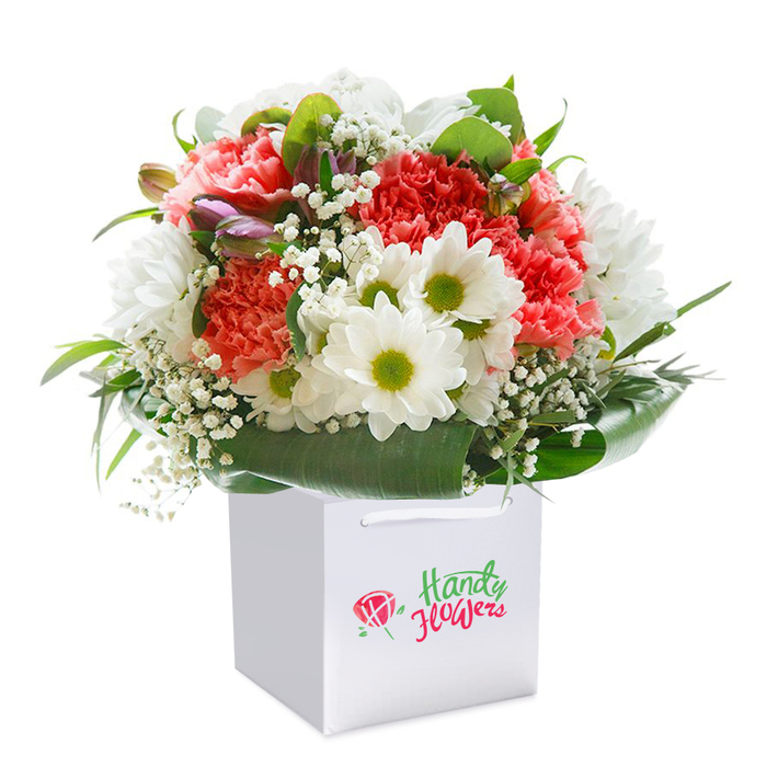 Standing upright in a crisp, white square gift bag, this bountiful Somers Town bouquet merges harmonious colours and textures, radiating a sense of abundance and celebration. A lively cluster of coral and blush carnations, unmistakable with their velvety, ruffled petals, leads the eye. Scattered in between, pure white daisies with green-gold centers infuse the arrangement with freshness, recalling blossoms seen in the pocket gardens that dot Somers Town's historic lanes. Airy gypsophila (baby's breath) graces the bouquet, its tiny blooms creating a feeling of weightless elegance and softening the boundaries between flowers. Subtle, closed buds touch the creation with gentle hints of purple, introducing depth and an air of anticipation. Surrounding everything, glossy, deep green leaves spread in graceful arcs, providing both visual grounding and decorative contrast. Bathed in gentle, diffuse lighting, the bouquet's natural hues are heightened, each flower's vibrancy standing out against the pristine white of the gift bag and backdrop. Sturdy ribbon handles promise comfortable carrying-perfect for celebrating a new beginning, an anniversary, or simply gifting a token of thoughtfulness to someone in Somers Town. Crafted by seasoned local experts, this bouquet is a testament to both craftsmanship and the close-knit character of the community, bringing a flourish of joy to every delivered moment.