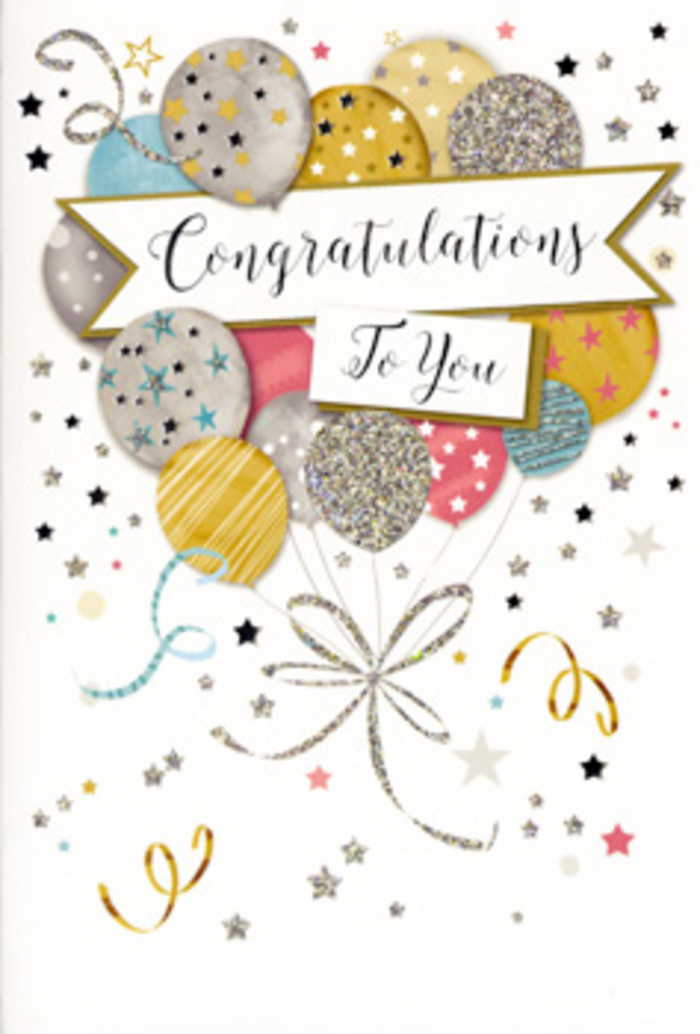 A beautifully detailed congratulations card fills the frame, designed with the same care and thoughtfulness you might expect from a carefully arranged bouquet delivered across Somers Town. The central motif is a generous cluster of balloons, their rounded forms overlapping to create a sense of depth and fullness, like a hand-gathered bunch of blooms. The colours are soft yet celebratory-muted gold, polished silver, champagne, pastel blue, rose pink, and gentle grey-all accented with reflective metallic touches. Each balloon is individually decorated: some show tiny twinkling stars scattered across their surface, others bear slender stripes or shimmering areas of fine glitter, catching the light like evening reflections in nearby Regent's Park. These balloons are gathered by flowing ribbons, illustrated in curling lines of gold and silver that trail downwards, giving the impression of movement and a subtle sense of ceremony. Around this central cluster, the background is alive with delicate stars, sparkling dots, and curling streamers, suggesting confetti swirling lazily through the air long after the initial cheer has gone up. A soft banner unfurls across the middle of the design, carrying a message of congratulations in elegant, flowing calligraphy. The script feels refined but heartfelt, as if penned individually for someone special. The overall atmosphere is both uplifting and graceful, ideal for celebrating important personal milestones such as graduations, new roles, or life changes shared with loved ones nearby. You can imagine this card resting beside a vase of fresh seasonal flowers on a windowsill overlooking Somers Town, its subtle glimmer and warm sentiment capturing the pride and joy of the occasion long after the moment has passed.