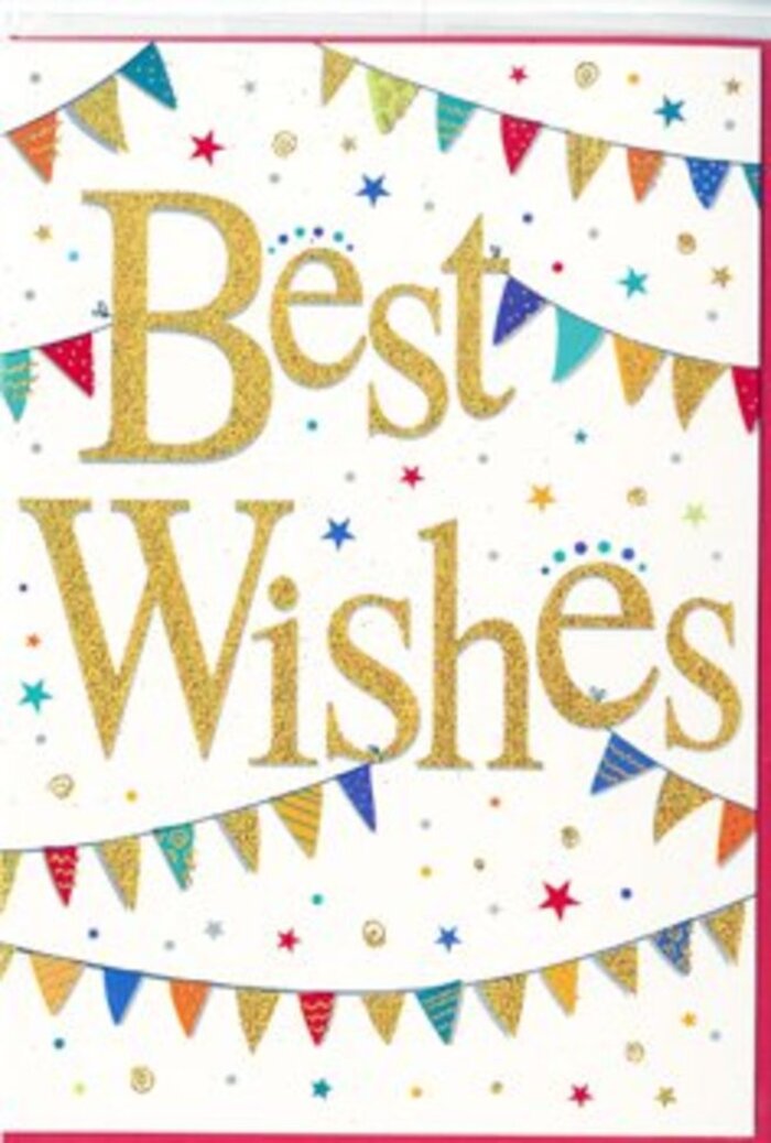 This "Best Wishes" card appears like a pocket-sized celebration, reflecting the creative and community-minded spirit of Somers Town. At its centre, the greeting "Best Wishes" flows across the page in sweeping golden script, each letter carefully shaped with a calligraphic flair. The gold ink looks delicately glittered and slightly raised, suggesting a tactile surface that would gently catch under your fingers and glint under overhead light, much like evening reflections in nearby café windows. The background is a bright, pure white, offering clarity and calm, and allowing the colours and metallic sheen to truly stand out. Curving around the words, strands of bunting trail along the top and bottom of the card, forming soft arcs that cradle the message. Every small triangular flag is a celebration in miniature, painted in vivid, saturated hues-deep blues, rich reds, fresh greens, bright yellows, and soft pinks. Some flags are adorned with tiny stripes, others with dots or mosaic-like patterns, giving the impression of a carefully hand-crafted design created for a local Somers Town street party. Between and around these bunting strands, petite stars and round confetti-like dots are scattered in coordinating colours, adding a sense of movement and spontaneity, as if someone has just thrown celebratory confetti into the air near Euston Road. The design strikes a balance between playfulness and elegance, making it ideal for marking special achievements, new beginnings, or personal milestones. Paired with a bouquet from a trusted Somers Town florist, this card would offer not only congratulations but also a tangible expression of shared happiness and support, radiating positivity with every glittering curve of its golden lettering.