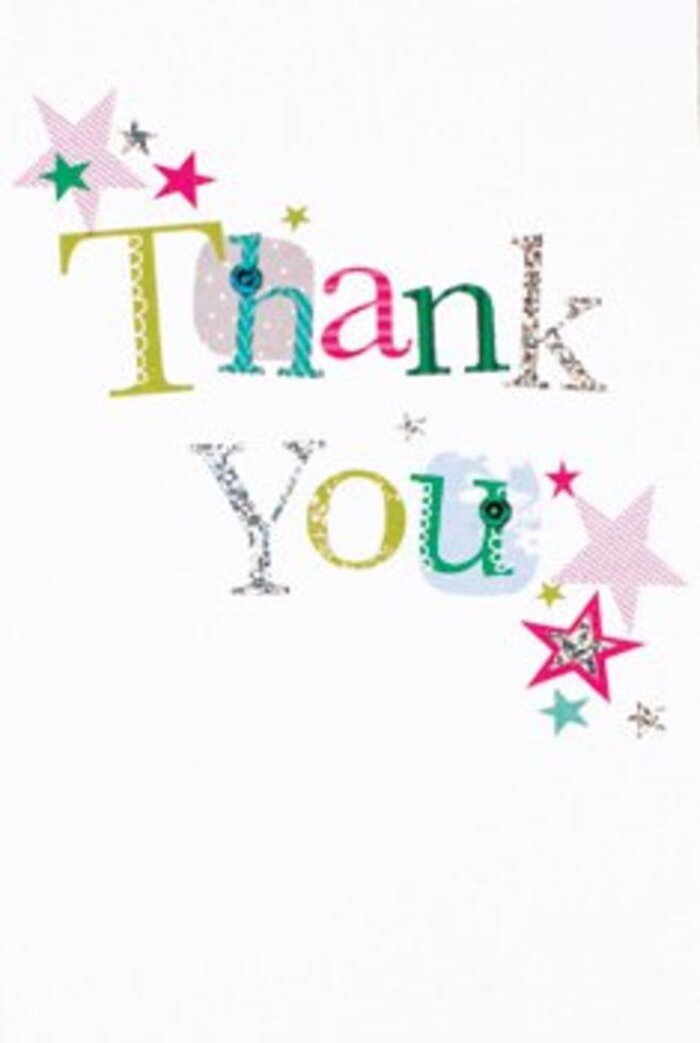 The softly exuberant layout of this thank you card mirrors the welcoming spirit of Somers Town. Every letter is rendered with an individual flourish-some letters twinkle with silver, others brim with playful spots or elegant curves-reflecting the variety and charm that defines the area. The palette is a harmonious blend of vibrant turquoise, pink, and silvery hues, with each letter shimmering as though it was hand-painted in a sunlit shop by the canal. Clusters of stars, each different-striped pink, vivid teal, or shining silver-gather near the gratitude message, infusing the card with a celebratory warmth. The design floats effortlessly on its crisp white backdrop, lending it an airy, modern elegance both refined and inviting. Whether nestled beside an artisan bouquet for a neighbour on Ossulston Street or slipped inside a bunch of fresh spring tulips, this card carries a message that feels personal yet universal-a heartfelt thank you that reflects the care and community spirit found at Florist Somers Town.