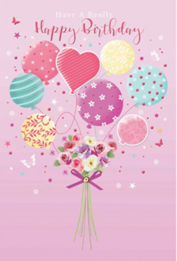 This birthday design looks as though it could be floating gently above the rooftops of Somers Town, carrying soft wishes through the air between Euston Station and the local cafés. The background is a tender blush pink that immediately sets a warm, affectionate tone. At the centre, a bouquet of pastel balloons lifts upward, their strings converging at an unseen point above a small cluster of flowers. The balloons are painted in gentle shades of rosy pink, cool teal, lemon yellow, and lavender, each one decorated with its own charming pattern-whirling ribbons, playful polka dots, delicate floral motifs, and tiny stars that sparkle against the pastel surfaces. A heart-shaped balloon stands out among them, suggesting love and gratitude wrapped into the birthday message. Anchoring the arrangement below is a petite, hand-tied bouquet made up of roses and daisy-like blossoms. Their petals shift almost imperceptibly from creamy ivory to blush and mauve, giving them an almost velvety depth, like flowers that have just been delivered to a Somers Town flat and placed gently on the table. The blooms gather together in a rounded, cushiony cluster that mirrors the shapes of the balloons above. A rich purple bow ties the stems together, its satin ribbon catching a soft, imagined light. Around this central composition, tiny butterflies and starlike accents hover and drift, adding a whisper of fairy-tale charm, as if the bouquet is caught in a moment of quiet magic. The entire image conveys a sense of thoughtful celebration-light, uplifting, and crafted with the kind of care a local florist would give to a special birthday order.