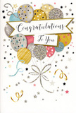 In this scene, a stylish congratulations card stands as a quiet yet sparkling tribute to success, reminiscent of the intimate celebrations held in flats and townhouses around Somers Town. Dominating the design is a cheerful bouquet of balloons, rising in a loose cluster that feels both playful and refined. The balloons are round and softly shaded, featuring tones of glistening gold, brushed silver, champagne, powder blue, blush pink, and muted grey. Each carries its own decorative detail: scattered metallic stars, delicate lines, and fine glitter that suggest a softly textured finish under your fingertips, like the feeling of premium card stock touched by foil and shimmer. They're drawn as if gently lifting upwards, their bases connected by swirling ribbons in gold and silver that twist and curl in graceful arcs, grounding the image. Around them, confetti-like dots, tiny stars, and looping streamers float against a pale background, capturing the essence of a room just after a toast has been made and laughter still lingers in the air along Ossulston Street. At the centre, a flowing banner bearing the words "Congratulations To You" in elegant, sweeping script cuts across the balloon cluster, adding a note of sincerity and focus. The lettering feels personal and carefully considered, echoing the warmth of a handwritten message inside. The overall composition is light, airy, and celebratory without being overwhelming, making it perfect for pairing with a hand-tied bouquet from Florist Somers Town. Together, card and flowers would honour achievements from new jobs and promotions to academic success, carrying with them a genuine sense of pride and happiness that feels right at home in this lively corner of London.