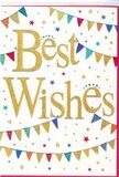 A cheerful, contemporary "Best Wishes" card is shown, its design full of the welcoming warmth often felt around Somers Town's community spaces. In the centre, the message "Best Wishes" is written in bold, flowing gold script, the letters glistening with a fine glitter that suggests a slightly textured, raised finish. The gold stands out brilliantly against the card's crisp white background, lending the design an elegant brightness reminiscent of sunlight spilling across nearby streets on a clear morning. Sweeping gently above and below the lettering, long strands of bunting create graceful semi-circles, framing the words in a loose, festive embrace. Each tiny triangular pennant bursts with lively colours-clear sky blues, scarlet reds, leafy greens, sunshine yellows, and hints of pastel tones-some decorated with stripes, others with neat polka dots or tiny graphic patterns. These flags echo the look of decorations strung up for a neighbourhood fair near Somers Town's parks and play areas. Dotted between the bunting lines, you can see little stars and round, confetti-like dots in matching shades, sprinkled across the white space as though joy itself has been scattered over the card. The generous use of white keeps the design feeling light and uncluttered, while the glittering gold and multicoloured details bring a sense of fun and celebration. This card would make a charming companion to a bouquet sent to celebrate exam results, a house move, or any special achievement within Somers Town. It speaks visually of encouragement, support, and congratulations, wrapping warm wishes in a bright, modern style that feels both heartfelt and uplifting.
