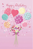 The feeling of this birthday illustration is of something light and happy, like balloons drifting lazily over the parks and side streets of Somers Town on a calm afternoon. A muted pink backdrop provides a soft, romantic canvas. Rising from the lower centre, a spray of pastel balloons appears to float into the upper air of the image, tinted in shades of blush, teal, lemon, and lilac. Each balloon is given its own playful charm through patterns of stripes, dots, delicate swirls, and tiny stars, creating a sense of gentle motion and variety. At the heart of the cluster, a single heart-shaped balloon glows with quiet warmth, echoing the affection behind a thoughtful birthday card chosen with care at Florist Somers Town. Beneath the balloons, a small hand-tied bouquet rests like an anchor, composed of petite roses and anemone-style blooms. Their petals are creamy white, soft pink, and misty mauve, layered delicately so they appear both full and feather-light, as if freshly arranged that morning in a local studio near Somers Town's lively streets. The stems are gathered neatly and wrapped in a violet bow that gleams like satin, adding a polished finishing touch. Scattered around the design are tiny butterflies and specks of starlight, hinting at the hush and excitement that surround a birthday surprise. The entire composition is airy yet intentional, combining pastel colour, floral softness, and a hint of magic to turn a simple greeting into an unforgettable, heart-lifting moment.