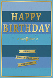 This image shows a tastefully designed blue and gold birthday card, the kind you might choose to accompany a fresh bouquet delivered to a flat in Somers Town. The background is made up of wide, horizontal stripes of blue, each band a different tone that blends gently into the next. Starting with a deep navy at the base, the colours shift upward through rich mid-blue and soothing teal, finishing in a soft sky blue at the top. The effect is peaceful and layered, like watching clouds move slowly above the rooftops near St Pancras. Centred on this tranquil backdrop, "HAPPY BIRTHDAY" appears in large, embossed gold capital letters. The metallic finish gives the text a gentle shimmer, and the raised texture suggests it would feel smooth and cool under the fingertips. Directly beneath the main greeting, a delicate golden flourish extends horizontally, its subtle curves adding a refined, almost vintage note. Below that flourish, three slender golden banners are neatly stacked, each one bearing part of the friendly sentiment "Relax, have a great day and enjoy!" The wording is simple and comforting, much like a sincere birthday wish shared over coffee on a quiet Somers Town morning. A thin line of gold frames the card at the very edges, tying all the elements together and lending a sense of completeness. The card stock itself appears to have a matte, velvety finish, allowing the shinier, embossed gold details to stand out. Overall, the design blends calm blues with warm metallic highlights to create a birthday greeting that feels relaxed, thoughtful, and quietly celebratory.